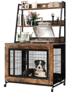 Industrial dog kennel furniture in rustic brown with storage shelves, featuring a flip-up top and pull-out tray for.