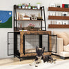 Industrial dog kennel crate in rustic brown with storage shelves, featuring a flip-up top and three access doors.