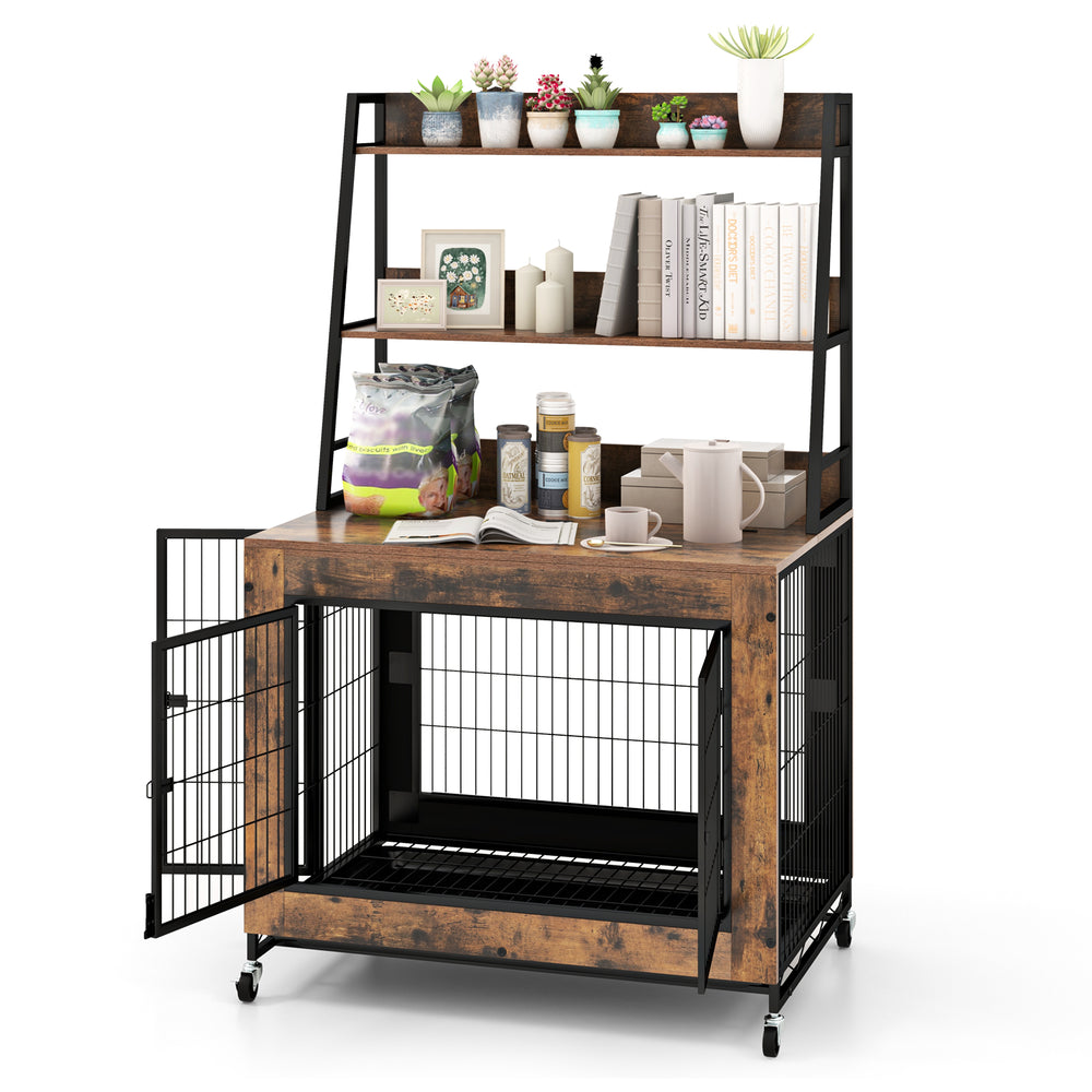 Industrial dog kennel crate in rustic brown with storage shelves, featuring a flip-up top and three doors for easy.