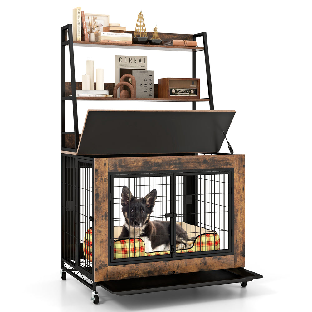 Industrial dog kennel crate in rustic brown with storage shelves, featuring a flip-up top and pull-out tray for easy.