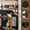 Industrial dog kennel with flip-up top, three doors, and storage shelves in rustic brown for easy access and.
