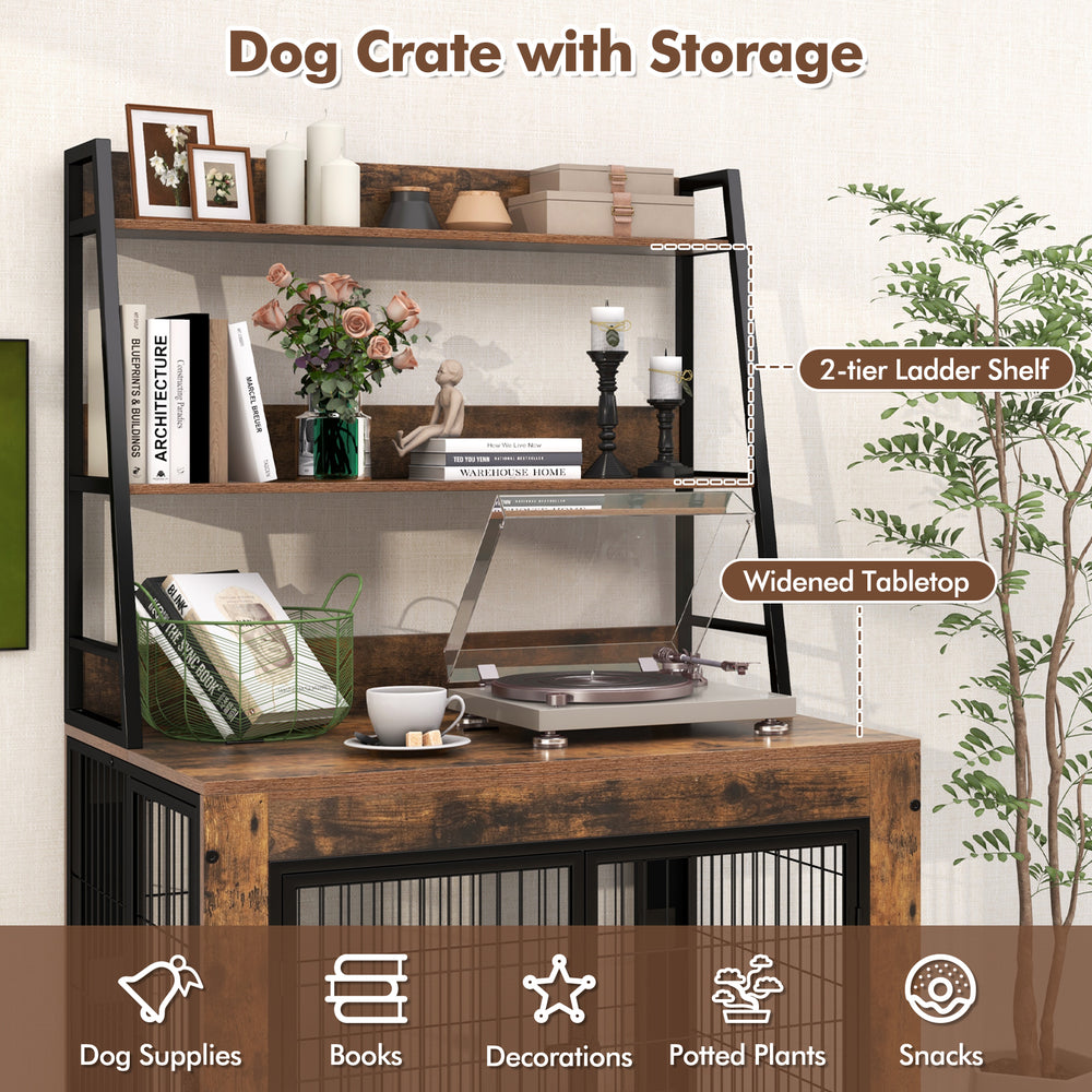 Industrial dog crate furniture in rustic brown with a widened tabletop and 2-tier ladder shelf for storage and.
