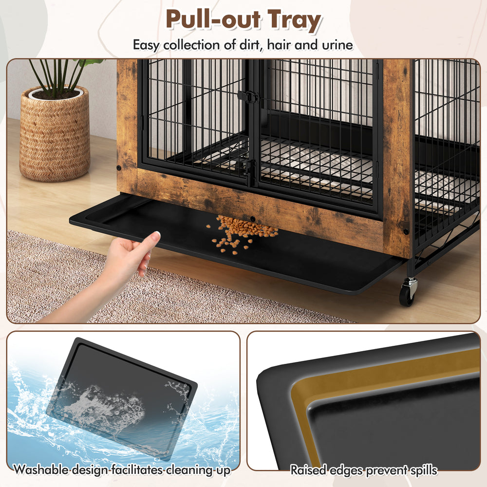 Pull-out tray for easy cleaning of dirt and urine in the rustic brown industrial dog kennel with storage shelves.