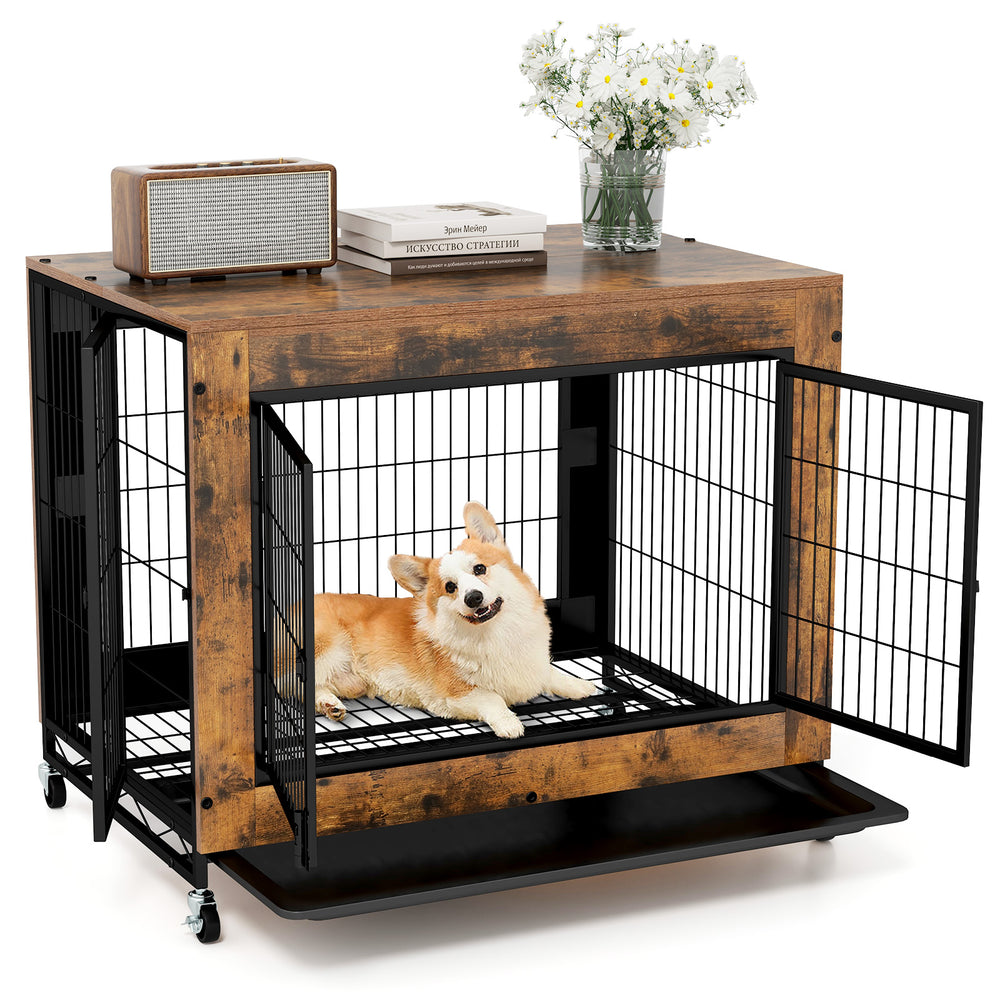 Industrial dog kennel in rustic brown with flip-up top, three lockable doors, and removable tray for easy cleaning.