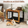 Industrial dog kennel in rustic brown with flip-up top, lockable doors, and removable tray, doubles as an end table.