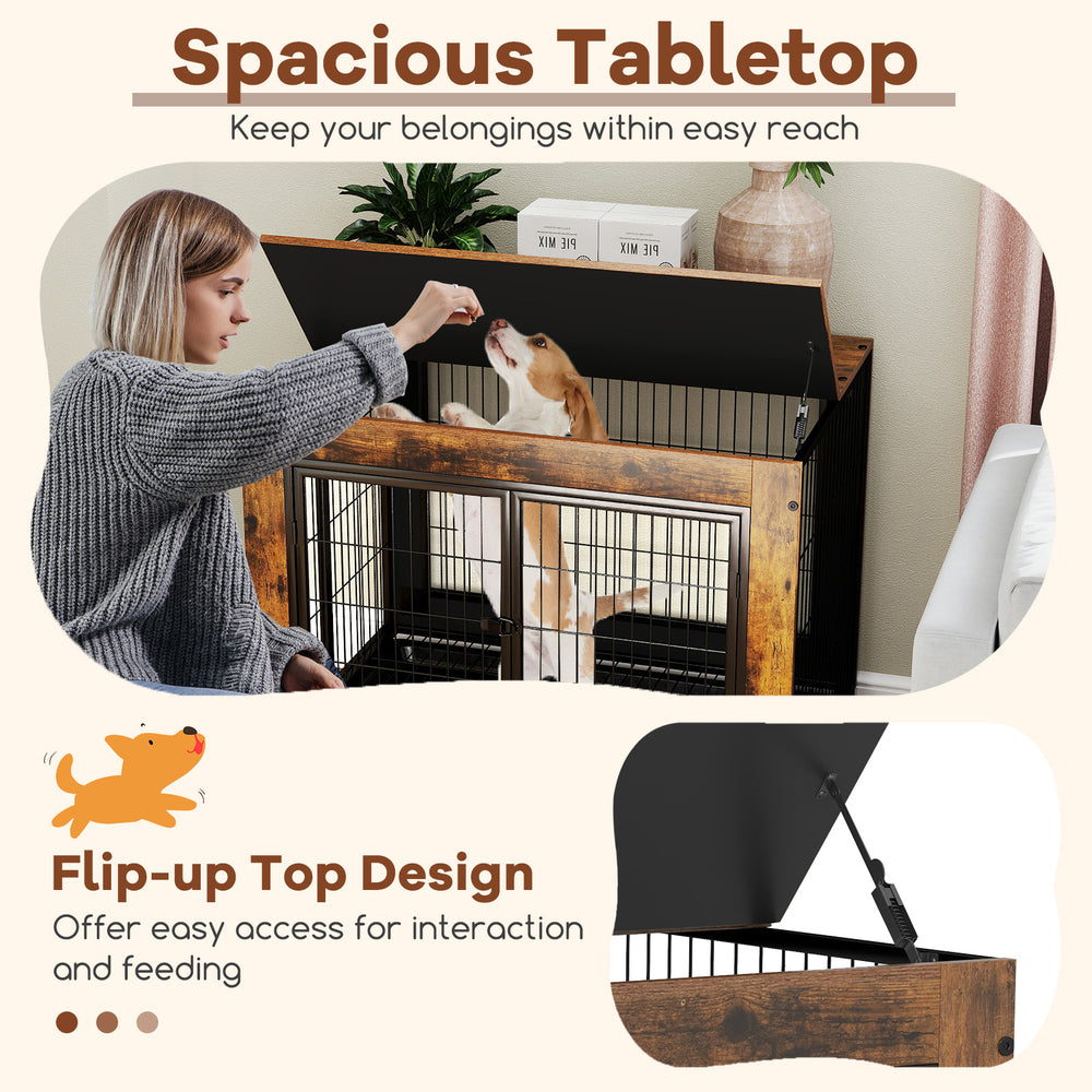 Industrial dog kennel with flip-up top, rustic brown finish, and removable tray for easy cleaning and interaction.