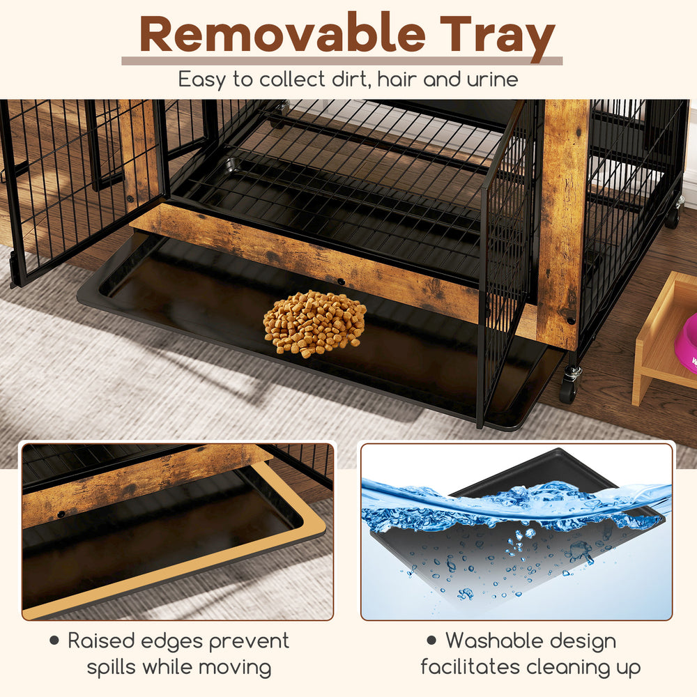 Removable tray of the Industrial Dog Kennel in rustic brown, designed for easy cleaning of dirt and urine.