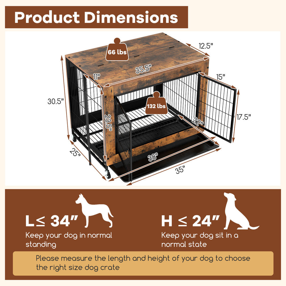 Industrial dog kennel with flip-up top, rustic brown finish, featuring three lockable doors and removable tray for easy.