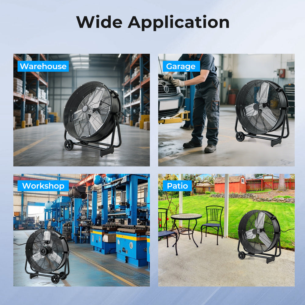 Industrial drum fan with 2 wheels, 360-degree tilt, and heavy-duty metal construction for versatile airflow in various.