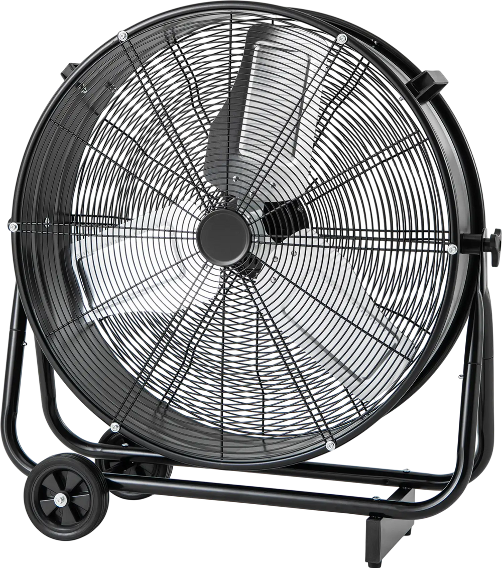 Industrial drum fan featuring 2 wheels, powerful airflow up to 23 ft/s, and sturdy construction for reliable.