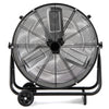 Industrial drum fan in black with 360-degree adjustable tilt, 3 speed options, and 2 wheels for easy mobility.