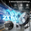Industrial drum fan with 360-degree tilt, 3 speed settings, and powerful airflow up to 23 ft/s for efficient.