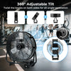 Industrial drum fan with 360-degree adjustable tilt, 3 speed options, and 2 wheels for easy mobility in black.