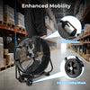 Industrial drum fan with 2 wheels and handles, featuring 360-degree tilt and heavy-duty metal construction for mobility.