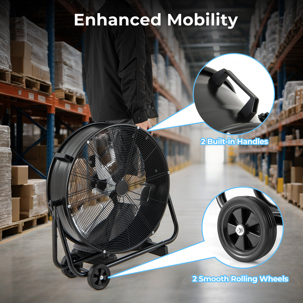 Industrial drum fan with 2 wheels and handles, featuring 360-degree tilt and heavy-duty metal construction for mobility.