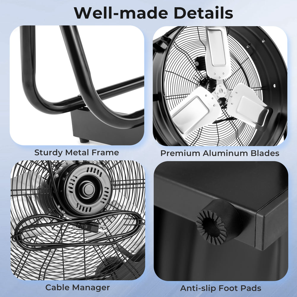 Close-up of the industrial drum fan's sturdy metal frame and premium aluminum blades, featuring anti-slip foot pads for.