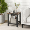 Industrial end table with a black frame and wood top, featuring a lower shelf for storage, ideal for living room use.