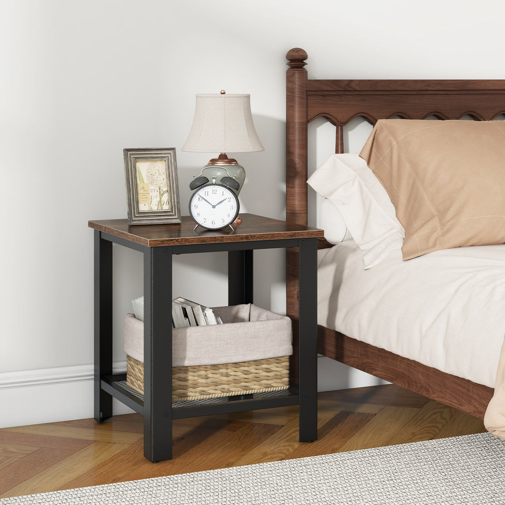 Industrial 2-tier side table in black with wooden top and lower shelf, perfect as a bedside table or nightstand.