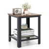 Industrial end table with a black metal frame and wooden top, featuring a netlike lower shelf for additional storage.