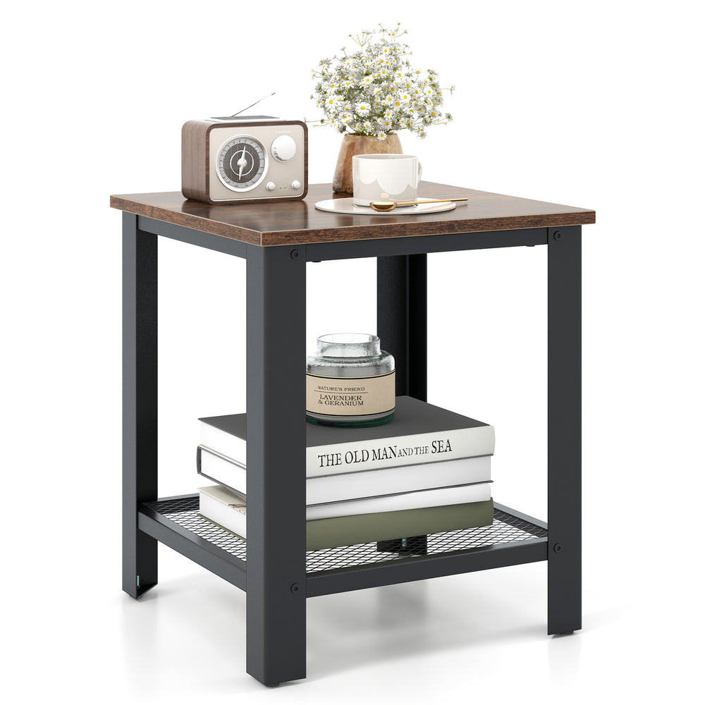 Industrial end table with a black metal frame and wooden top, featuring a netlike lower shelf for additional storage.