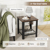 2-tier industrial end table with a spacious wood tabletop and metal mesh shelf, perfect for magazines and plants.