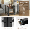 Industrial black end table with a sturdy metal frame, adjustable foot pads, and a netlike lower shelf for extra storage.