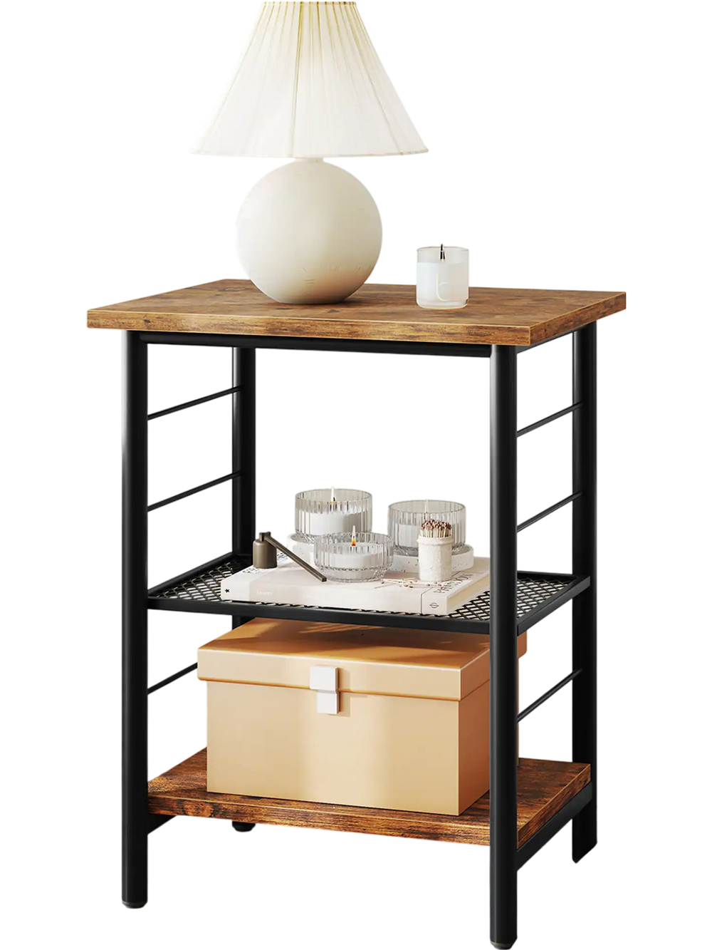 Rustic brown 3-tier end table with adjustable mesh shelves, ideal for bedside or living room storage.