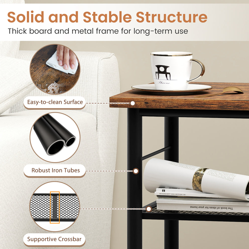 3-tier end table with rustic brown finish, featuring a thick board and metal frame, ideal for living room or bedroom.