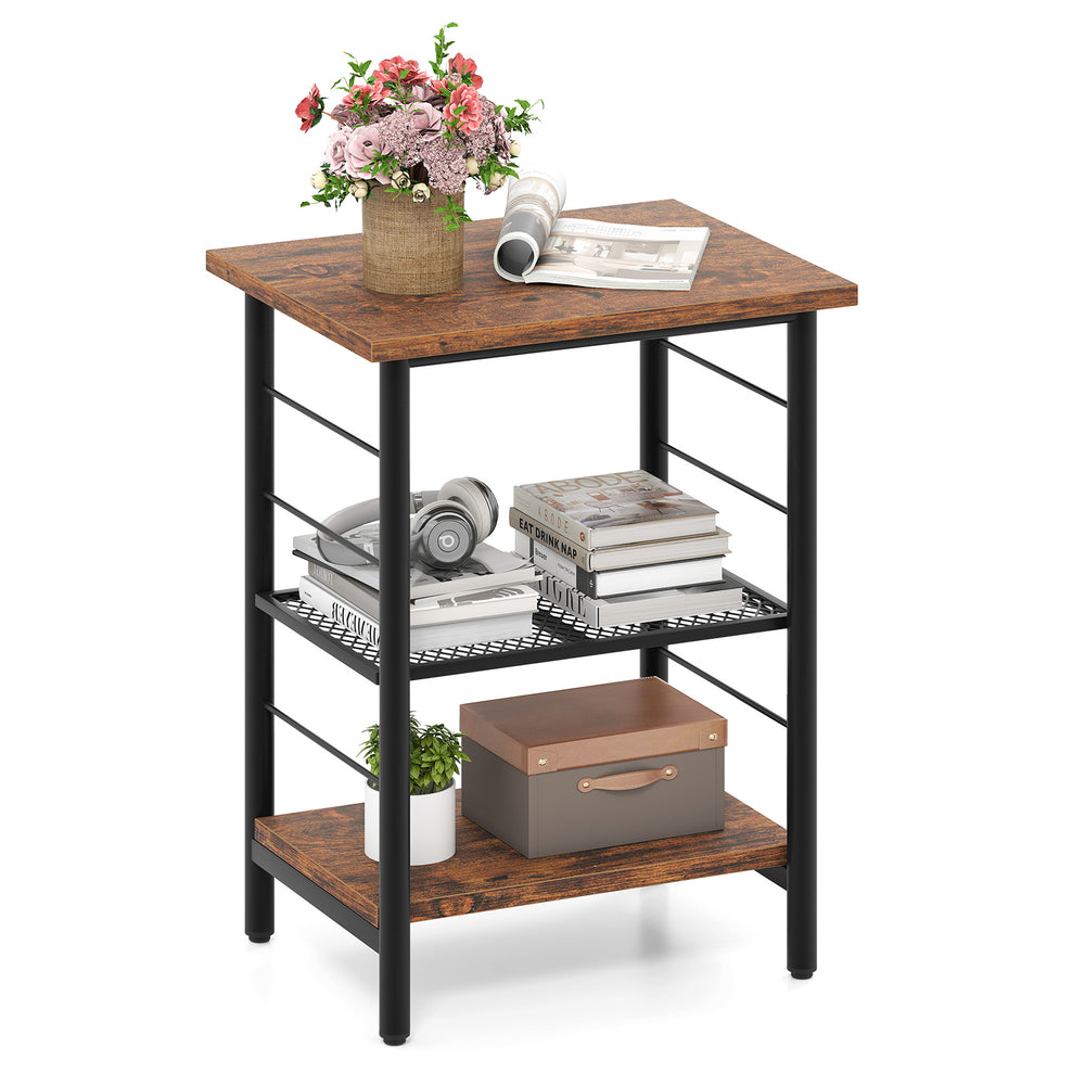 3-tier industrial end table in rustic brown with adjustable shelves, perfect for living room or bedroom storage.