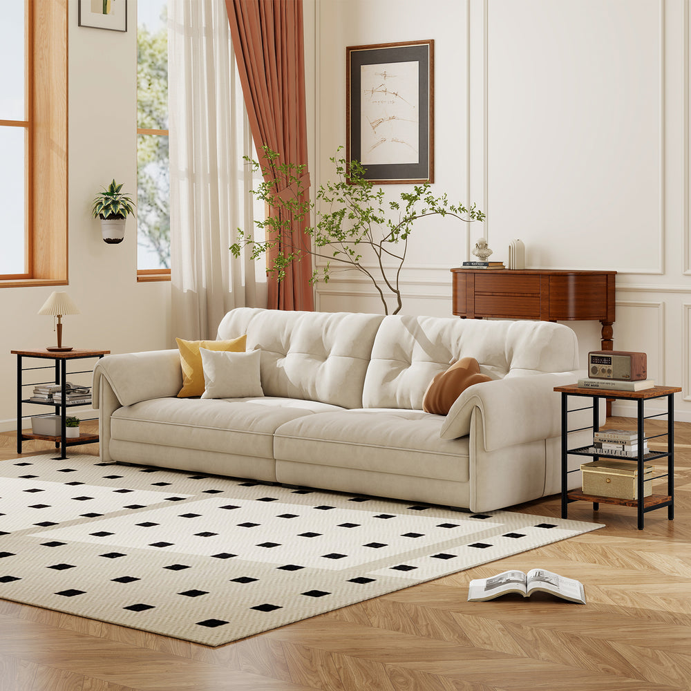 Rustic brown 3-tier end table with adjustable shelves, ideal for living room or bedroom, offering space-saving storage.