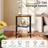 3-tier end table in rustic brown with metal frame, adjustable shelves, ideal for living room or bedroom storage.