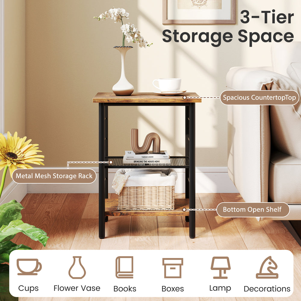 3-tier end table in rustic brown with metal frame, adjustable shelves, ideal for living room or bedroom storage.