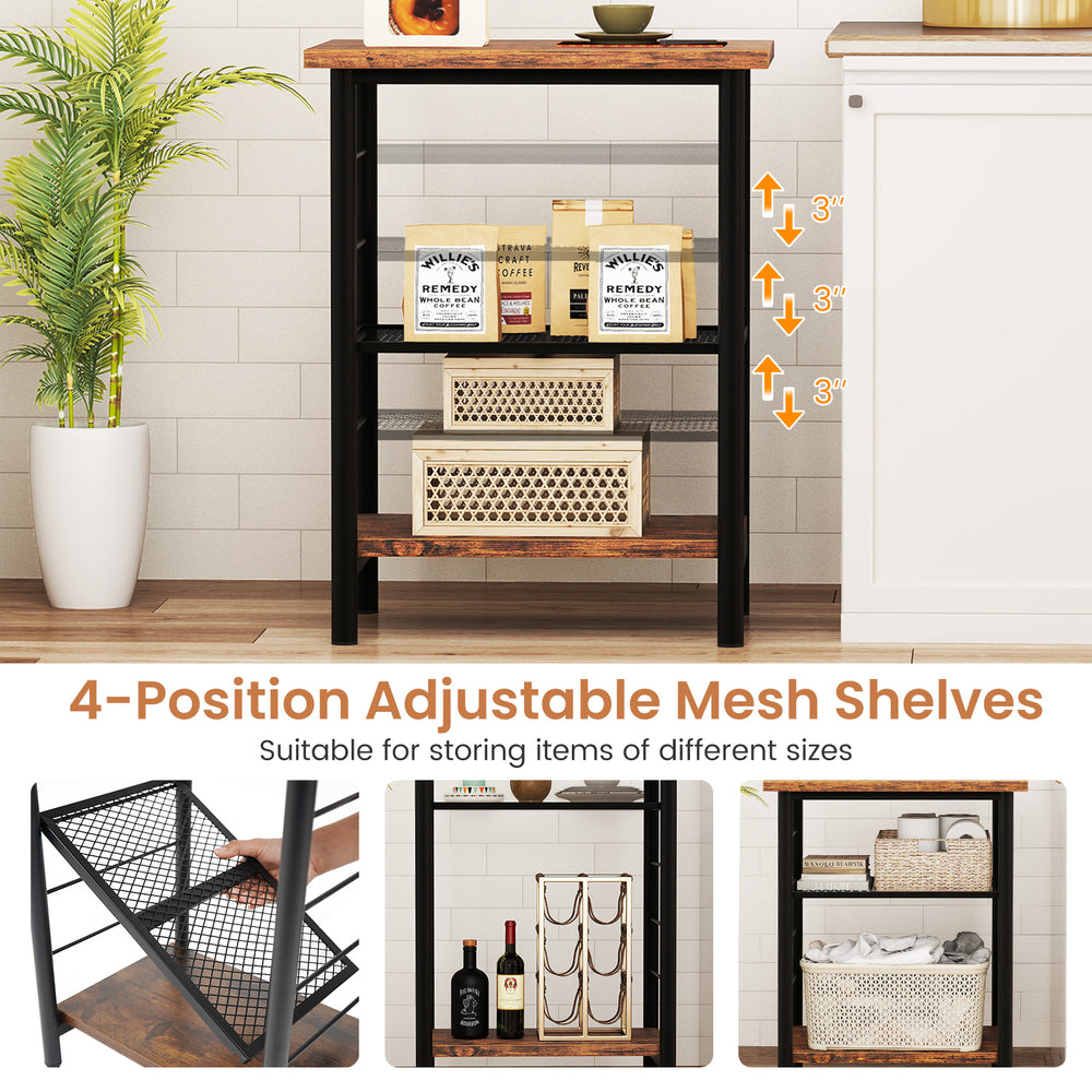 3-tier industrial end table with adjustable mesh shelves in rustic brown, perfect for living room or bedroom storage.