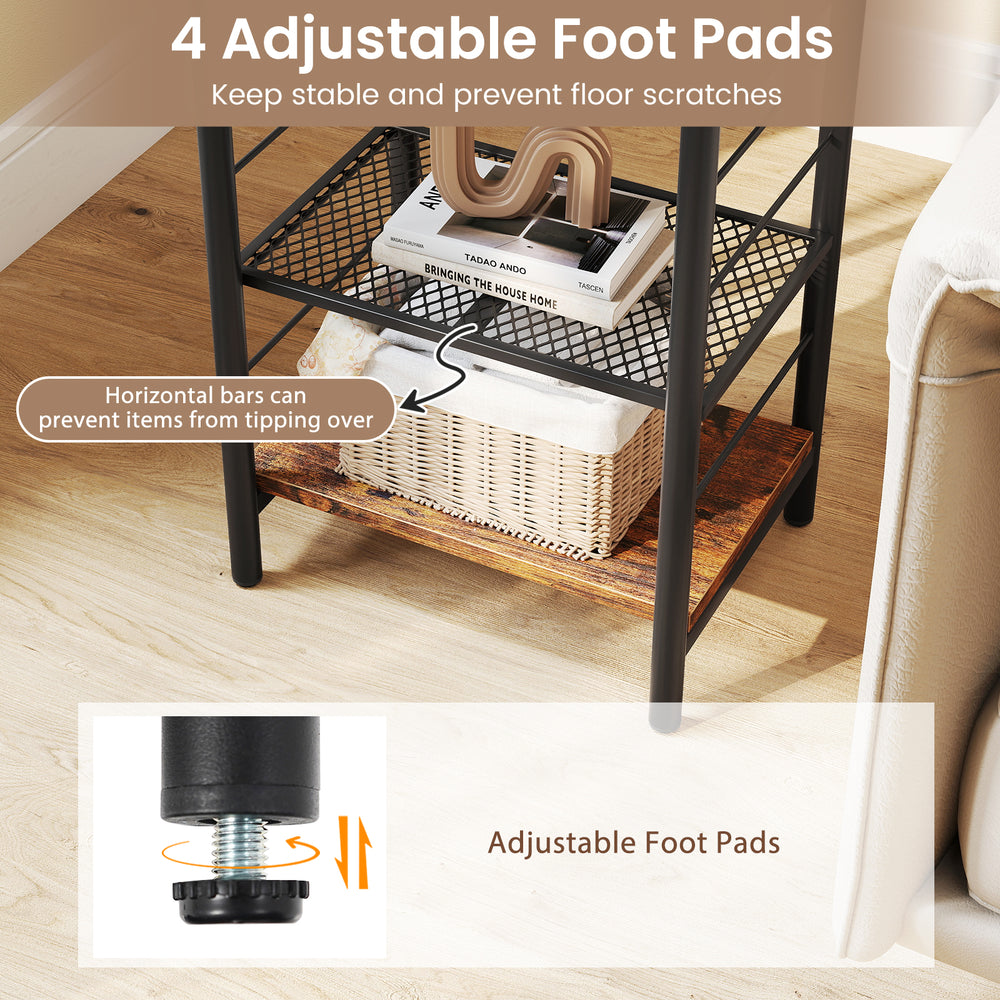 Adjustable foot pads on the 3-tier industrial end table ensure stability and prevent floor scratches for versatile use.