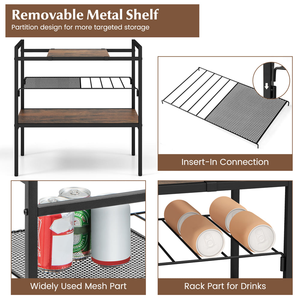 Industrial entryway table featuring a removable metal shelf and mesh design, ideal for versatile storage solutions.