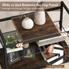 Close-up of the industrial entryway table showing the removable top panel and mesh shelf for versatile storage options.