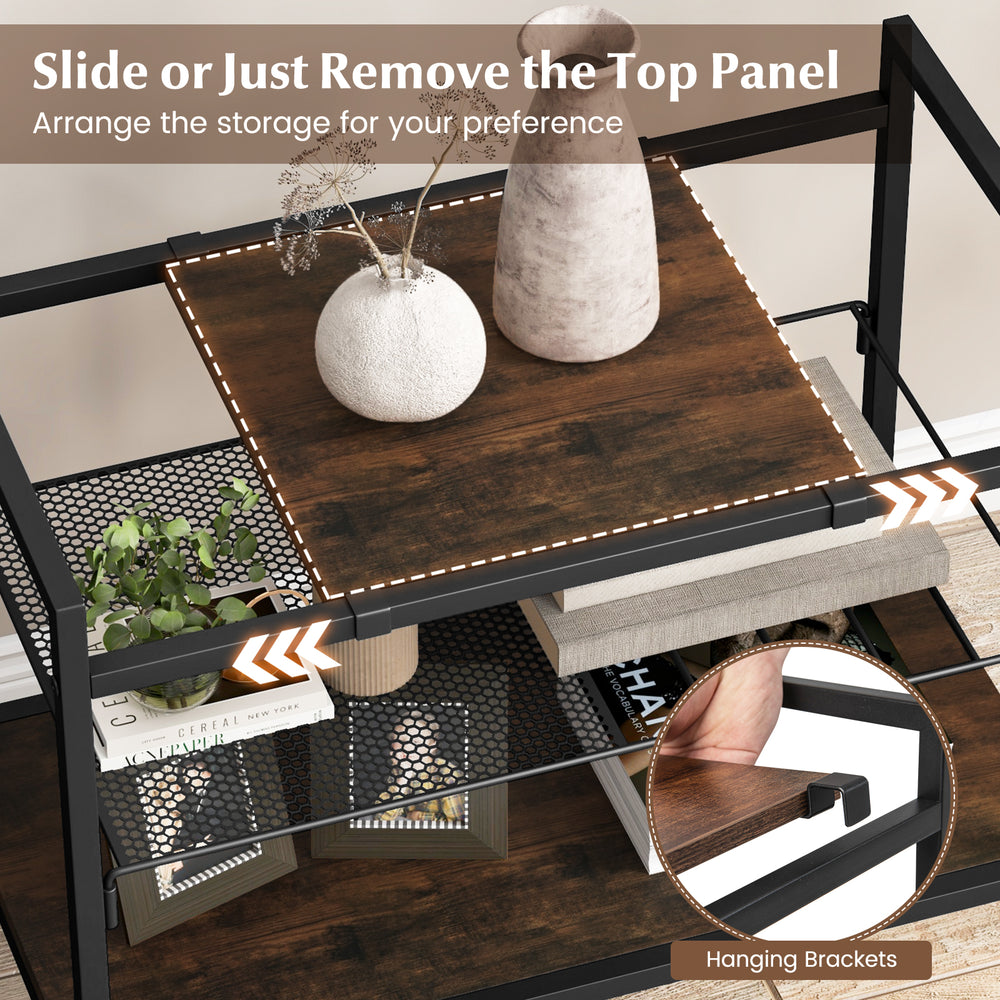 Close-up of the industrial entryway table showing the removable top panel and mesh shelf for versatile storage options.