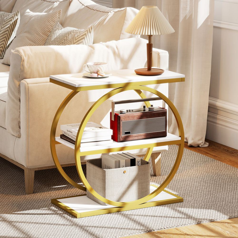 Industrial Faux Marble Side Table with Metal Frame for Living Room Bedroom-White - Gallery View 1 of 9