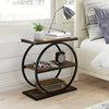 Rustic brown industrial side table with faux marble top and metal frame, featuring three tiers for organized storage.