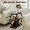 Industrial faux marble side table in rustic brown with a slim design, featuring three-tier storage for small spaces.