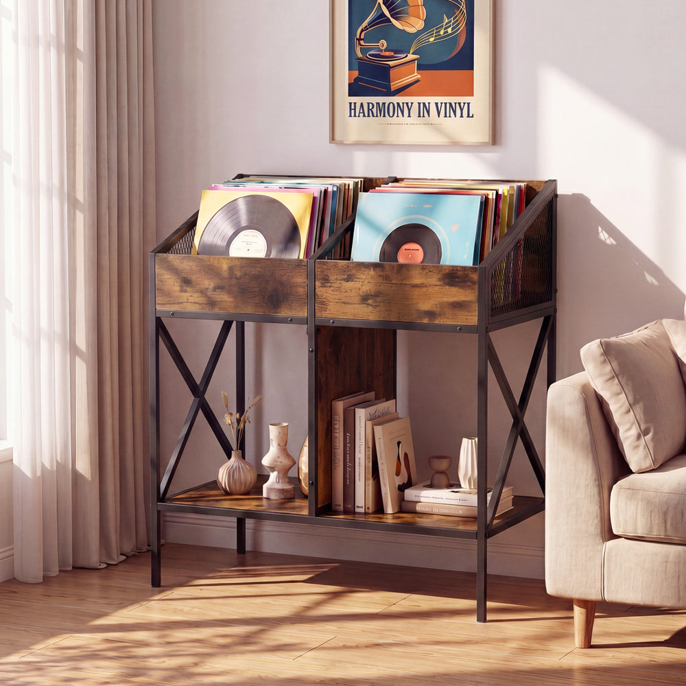 Industrial Magazine Books Record Holder with Metal Frame and Anti-tip Kits-Rustic Brown - Gallery View 1 of 10