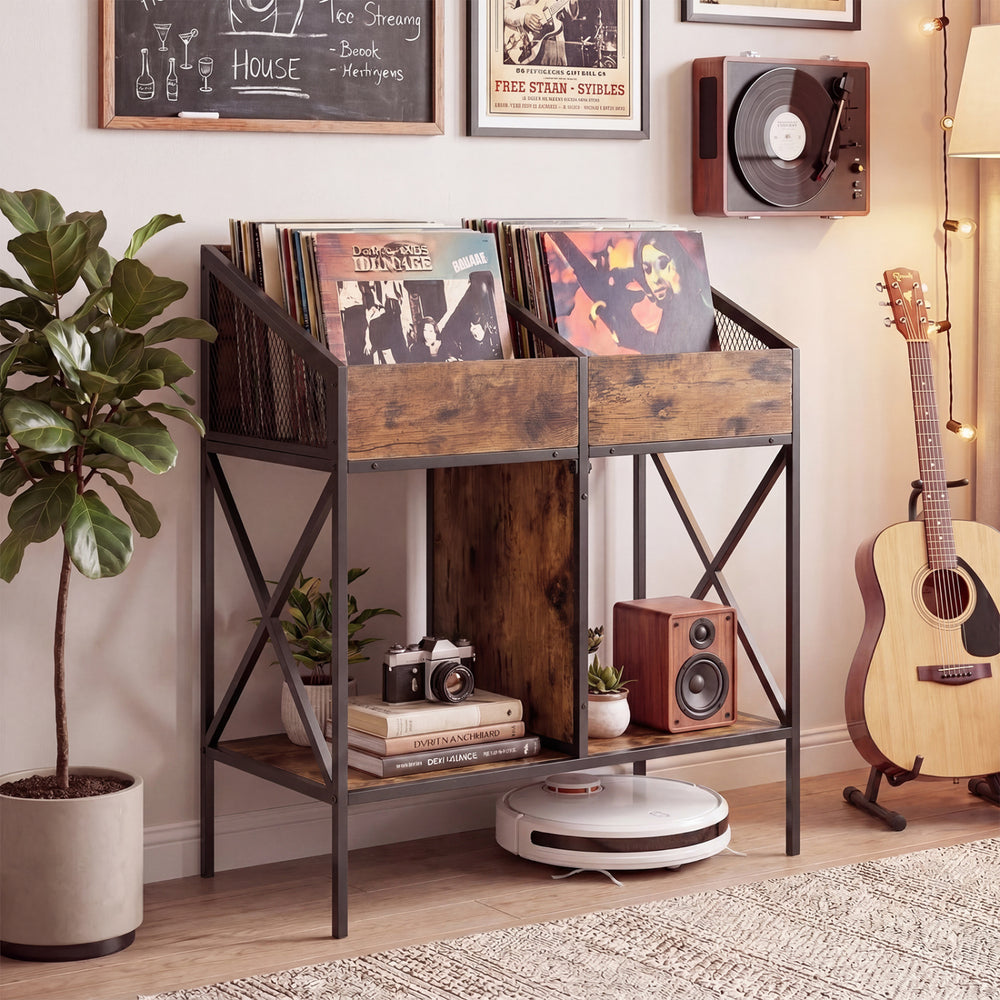 Industrial magazine and record holder in rustic brown with metal frame, designed for vinyl records and books.