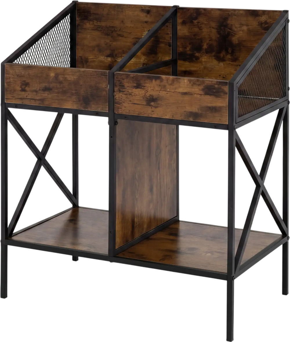 Industrial magazine holder with a rustic brown finish, featuring metal mesh baffles and ample storage for vinyl records and books.