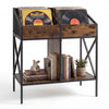 Industrial magazine and record holder in rustic brown, featuring metal frame and ample storage for vinyl records and books.