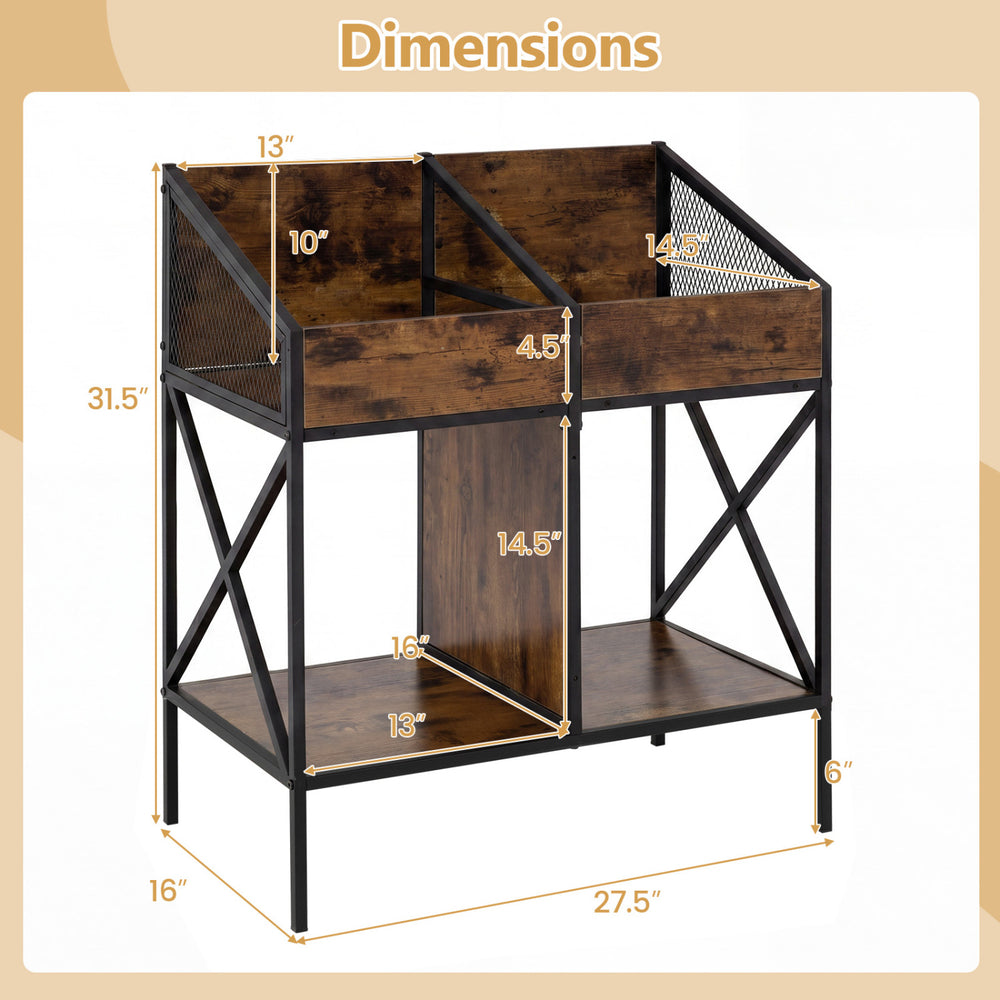 Dimensions of the Industrial Magazine Books Record Holder with a rustic brown finish and metal frame for vinyl records.