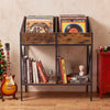 Industrial magazine and record holder in rustic brown with metal frame, designed for vinyl records and books storage.