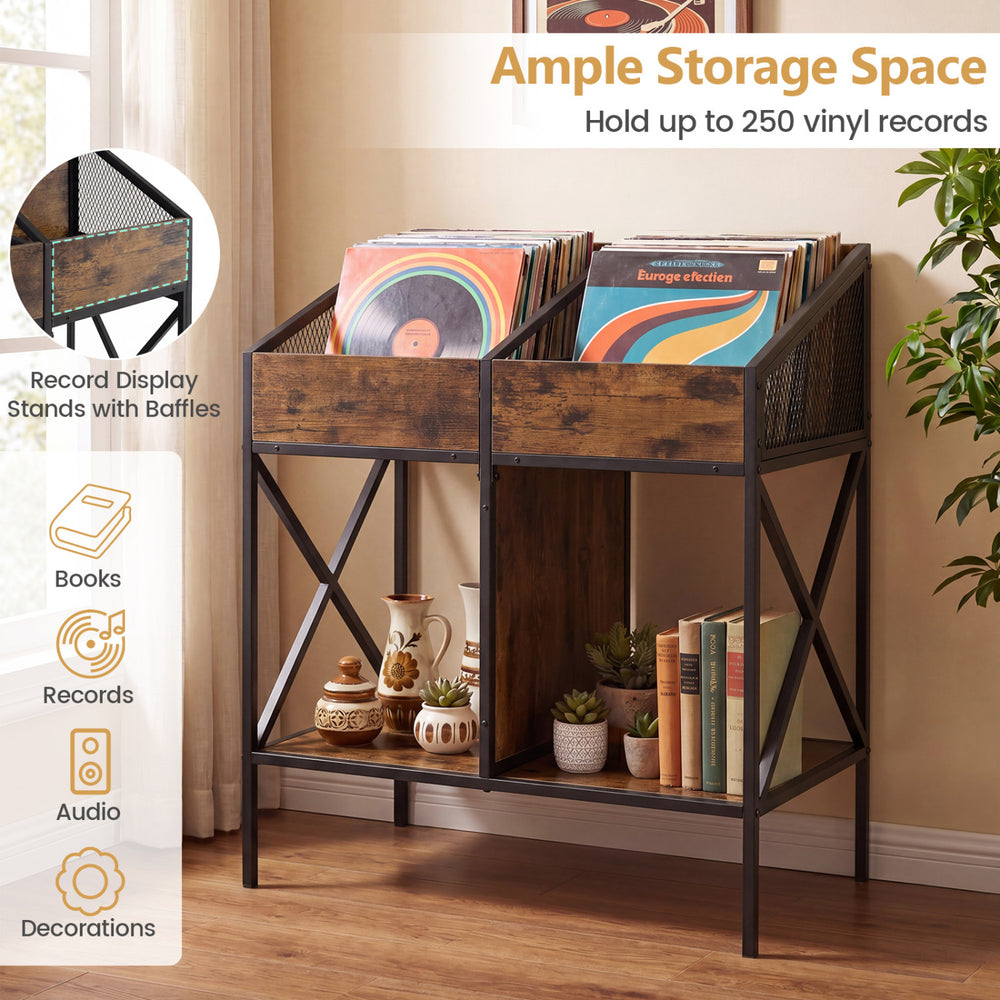 Industrial magazine rack in rustic brown holds up to 250 vinyl records with metal frame and ample storage for books and decor.