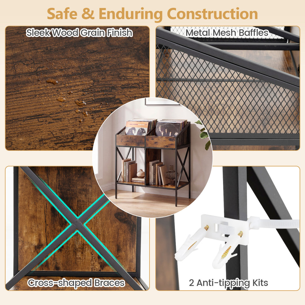 Industrial magazine holder in rustic brown with metal frame, featuring cross-shaped braces and anti-tip kits for stability.