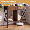 Industrial magazine holder with raised metal legs, rustic brown finish, and ample storage for vinyl records and books.