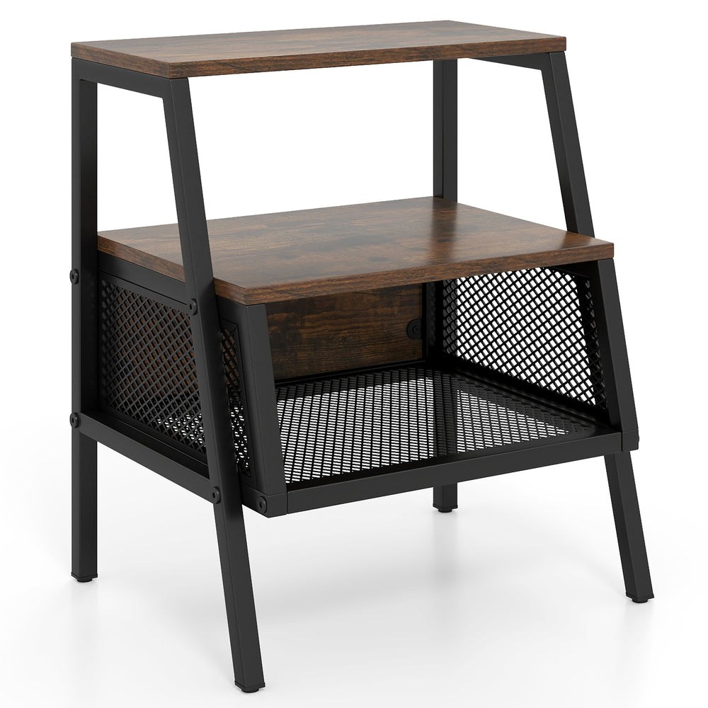 Industrial nightstand featuring a rustic brown finish, 3 tiers, and a metal mesh compartment for stylish storage.